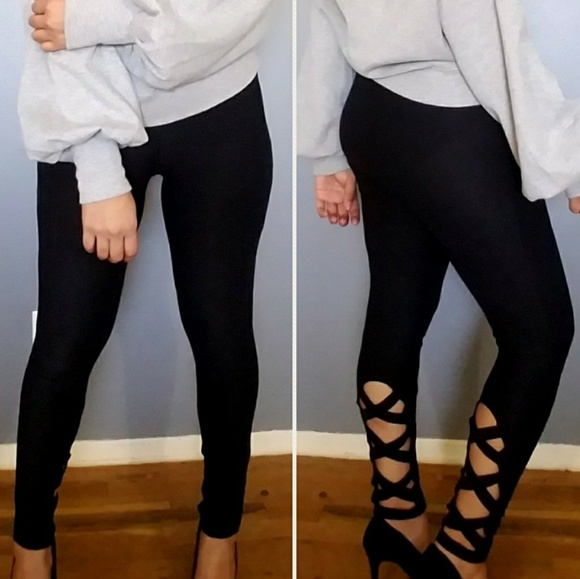 Pants - JENNY LACE UP BACK BLACK LEGGINGS